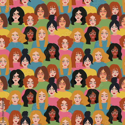 Seamless pattern with female portraits. International Women's Day. Vector illustration