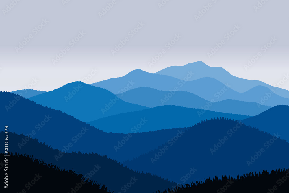 Vector illustration of beautiful scenery mountains in dark blue gradient color