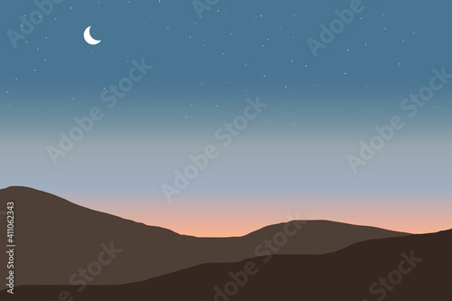 mountain view at dusk. towards evening clear sky full of stars vector illustration