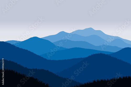 Vector illustration of beautiful scenery mountains in dark blue gradient color © Sabavector