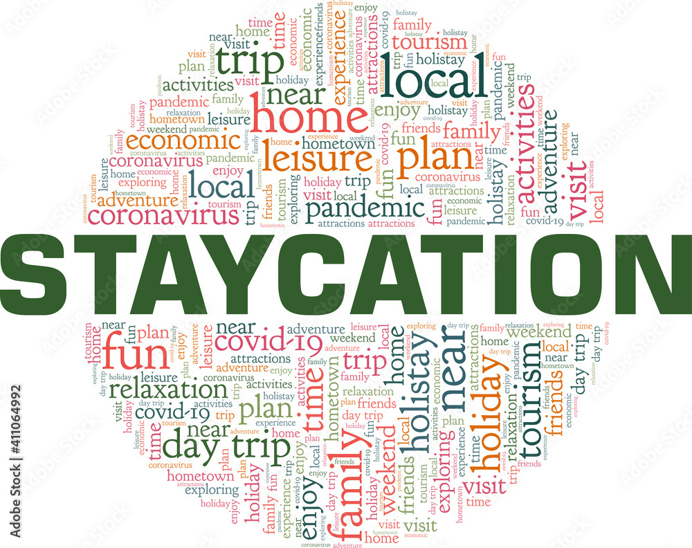 Staycation vector illustration word cloud isolated on a white background.
