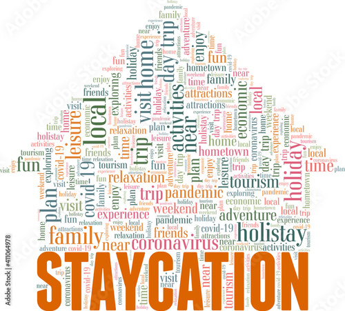 Staycation vector illustration word cloud isolated on a white background.