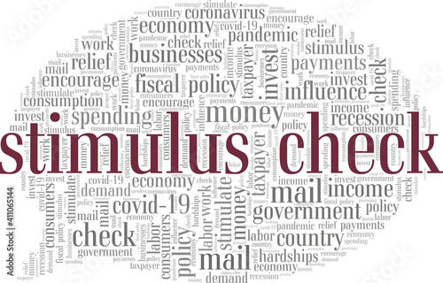 Stimulus check vector illustration word cloud isolated on a white background.