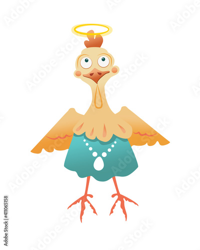 An elegant Easter chicken with a halo over its head and beads with an egg-shaped pendant. Vector illustration, cartoon  style. A character object for the design of Easter products, prints on fabric.