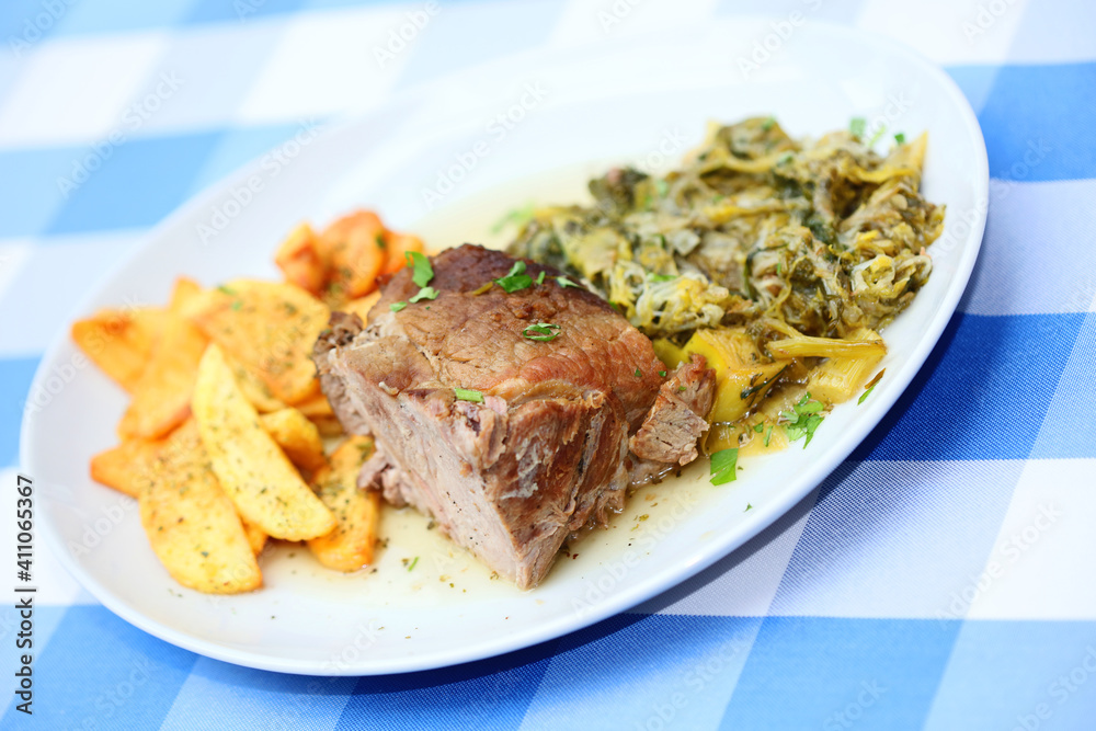 Meat with potatoes close up traditional greek food porn modern high quality prints Meat with potatoes close up traditional greek food porn modern high quality prints