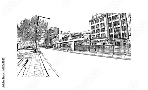 Building view with landmark of Adelaide is the capital city of South Australia. Hand drawn sketch illustration in vector.