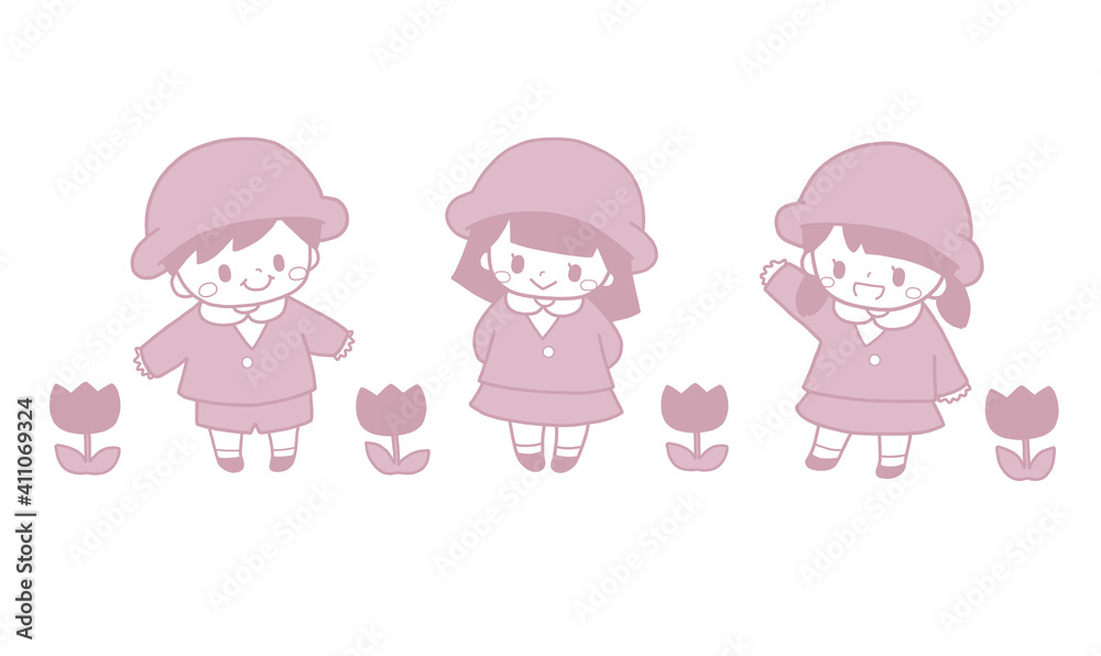 かわいい幼稚園児と並んだチューリップの春の子ども手描き風ピンクイラスト かわいい幼稚園児と並んだチューリップの春の子ども手描き風ピンクイラスト