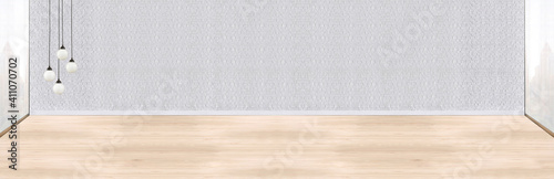 new empty living room interior decoration wooden floor  stone wall concept. decorative background for home  office and hotel. 3D illustration