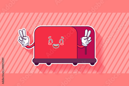 REALLY, ATTENTIVE, CURIOS Face Emotion. Double Peace Finger Hand Gesture. Toaster Cartoon Drawing Mascot Illustration.