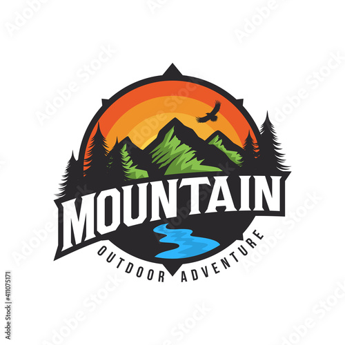 Mountain logo design vector illustration, outdoor adventure . Vector graphic for t shirt and other uses.
