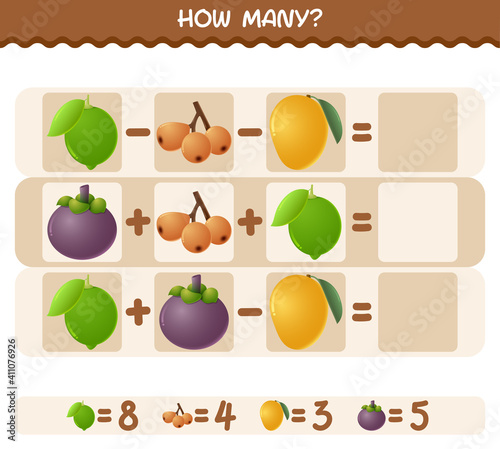 How many cartoon fruits. Counting game. Educational game for pre shool years kids and toddlers