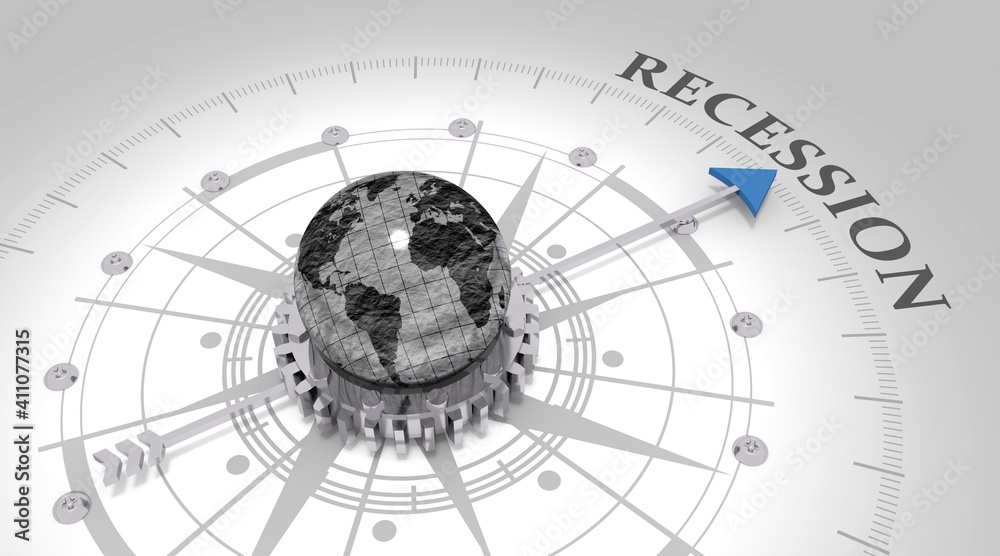 Business concept. Abstract compass points to the recession word. World map. 3D rendering Business concept. Abstract compass points to the recession word. World map. 3D rendering