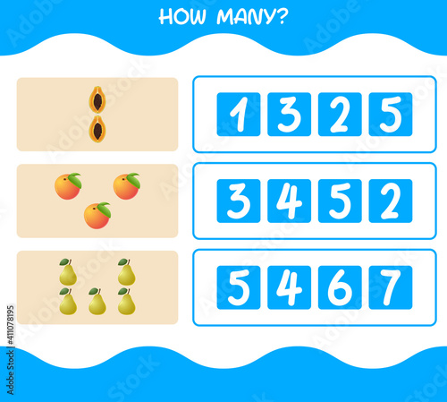 How many cartoon fruits. Counting game. Educational game for pre shool years kids and toddlers