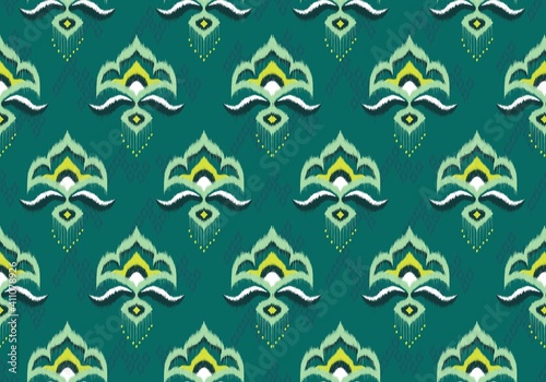 Geometric ethnic oriental ikat seamless pattern traditional Design for background traditional ,carpet,wallpaper,clothing,wrapping,Batik,fabric, Green background. Vector illustration embroidery style.