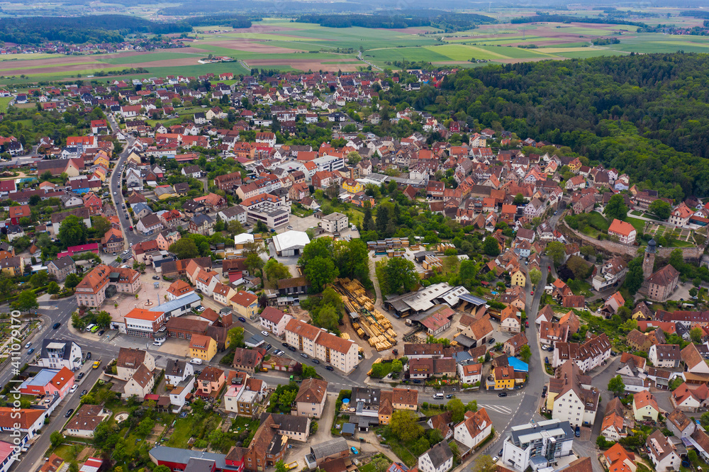 Aerial view of the city Cadolzburg in Germany, Bavaria on a sunny spring day	