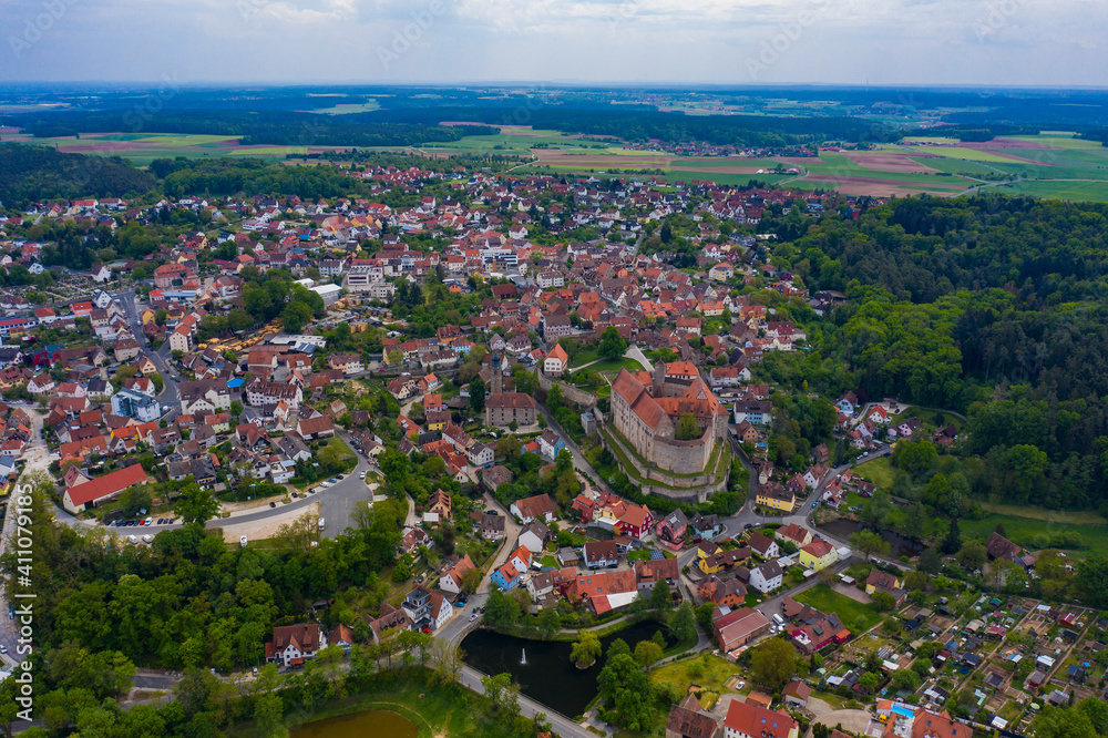 Aerial view of the city Cadolzburg in Germany, Bavaria on a sunny spring day	