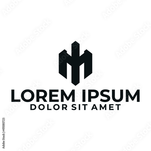 Initial letter M, MH, HH or HM logo template with bold geometric spartan helmet line art illustration in flat design monogram symbol