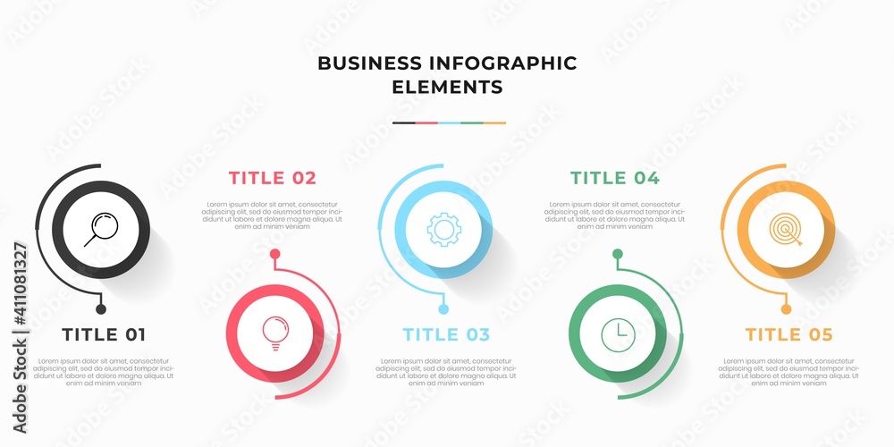 Presentation business infographic template with 5 options or steps. Modern infographic design template. Creative concept of five stages of business project Presentation business infographic template with 5 options or steps. Modern infographic design template. Creative concept of five stages of business project