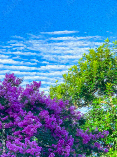 Oil Paint Effect with Crepe Myrtle Bush, Trees, and Sunny Skyline with Clouds photo