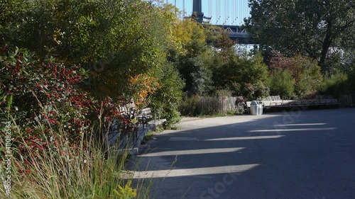 Brooklyn Bridge Park in Brooklyn New York, Empty Park with Manhattan Bridge in the Background photo