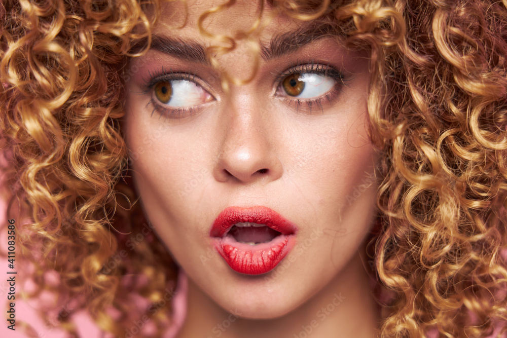 Sexy model Curly hair look towards red lips close-up sequin shirt Sexy model Curly hair look towards red lips close-up sequin shirt