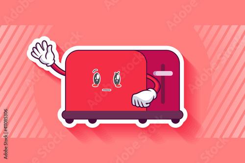 REALLY, ATTENTIVE, CURIOS Face Emotion. Waving Hand Gesture. Toaster Cartoon Drawing Mascot Illustration.