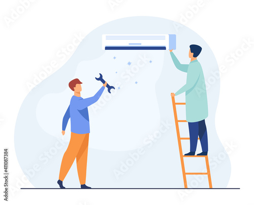 Men repairing air conditioner. Repairmen, handymen, servicemen. Flat vector illustration. Domestic works, service, home appliance maintenance concept for banner, website design or landing web page