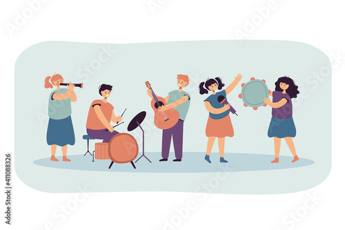 Cute children playing music and singing together flat vector illustration. Happy cartoon child band performing on school festival. Musician party and kid orchestra concept