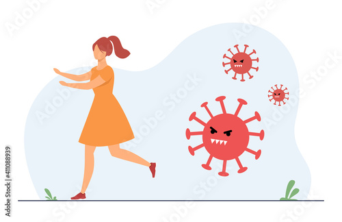 Woman running from aggressive covid. Person avoiding infection, saving from disease. Flat vector illustration. Coronavirus, pandemic panic concept for banner, website design or landing web page