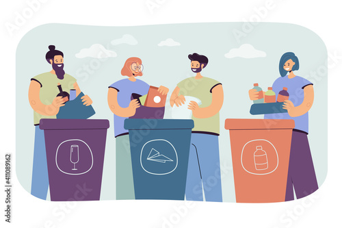 Positive people sorting trash isolated flat vector illustration. Cartoon characters standing near dustbins with different types of garbage. Waste recycle and environment concept