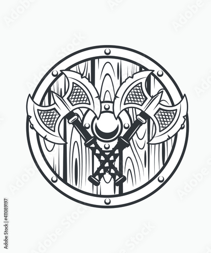Viking axe and shield logo trendy design. Viking trendy Tattoo design.