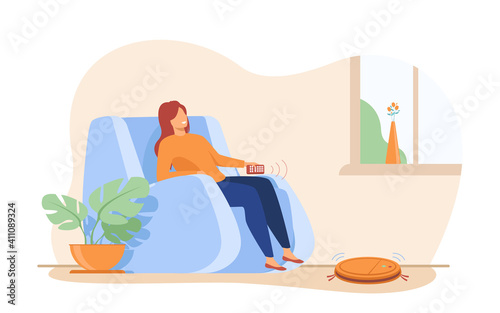 Happy woman relaxing at home and using remote control. Person resting I armchair. Flat vector illustration. Modern home appliance, comfort, house concept for banner, website design or landing web page