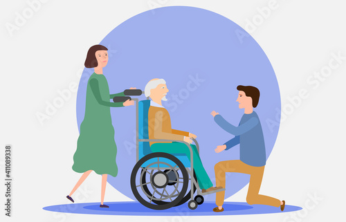 A guy and a girl take care of an old man in a wheelchair. Care for the elderly during a pandemic