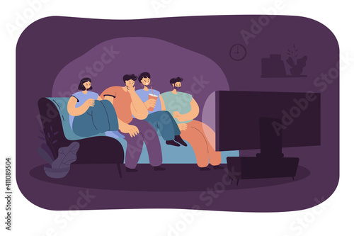 Scared friend watching horror movie together isolated flat vector illustration. Cartoon group of teens sitting on sofa in dark living room and watching TV. Entertainment and weekend concept