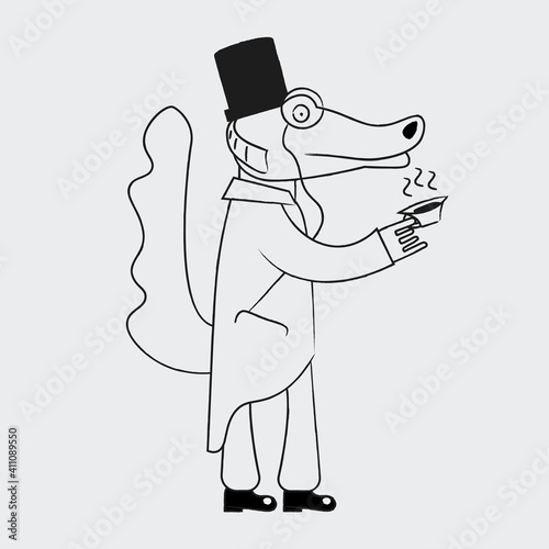 Crocodile in a top hat and tuxedo with a cup of tea. Linear art flat illustration
