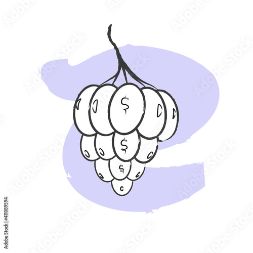 Grapes icon with the symbols of the dollar. Business growth, turning ideas into profit. Linear art. Flat vector illustration