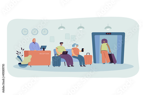 People on hotel reception isolated flat vector illustration. Cartoon receptionist standing at counter, woman using elevator, tourists sitting on sofa. Hostel interior and accommodation concept
