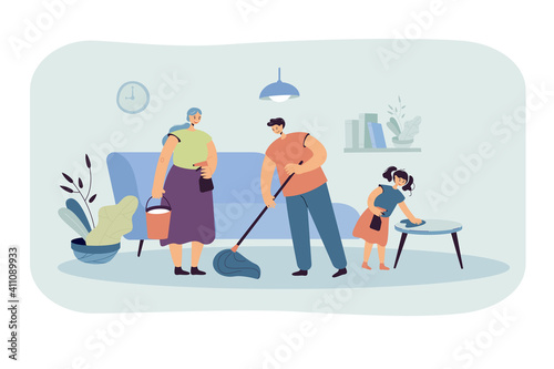 Happy family cleaning house together flat vector illustration. Cartoon Father, mother and daughter working to clean apartment. Household and housekeeping concept