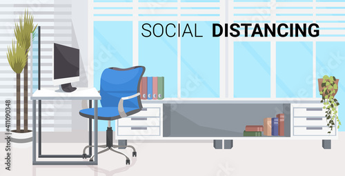 office workplace desk social distancing coronavirus epidemic protection self isolation concept modern cabinet interior horizontal vector illustration
