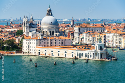 View of Giudecca Canal in Venice from the bell tower of San Giorgio Maggiore, with Punta della Dogana and the cupola of Santa Maria della Salute