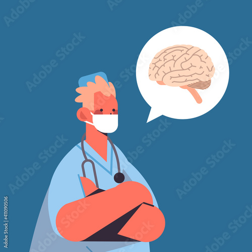 male doctor in protective mask chat bubble with human brain healthcare medicine concept portrait vector illustration