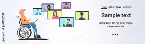 disabled man wheelchair chatting with mix race friends in web browser windows during video call online meeting self isolation concept horizontal copy space vector illustration