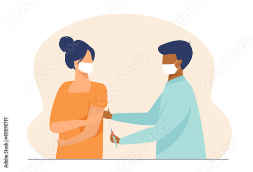 Doctor injecting vaccine to female patient in mask. Physician, practitioner, hospital. Antiviral vaccination, healthcare, disease prevention concept for banner, website design or landing web page