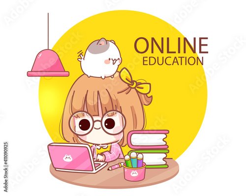 Cute kid Studying online with computer laptop cartoon illustration