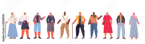 set mix race old women in casual trendy clothes senior female cartoon characters collection full length horizontal vector illustration