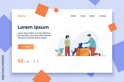 Dad and son adopting pets. Man opening box with dog, kid, cat flat vector illustration. Animals care, pet adoption concept for banner, website design or landing web page