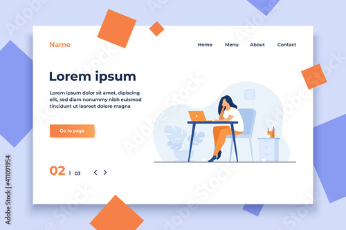 Cartoon exhausted woman sitting and table and working isolated flat vector illustration. Tired businesswoman with professional burnout syndrome. Tiredness and trouble concept