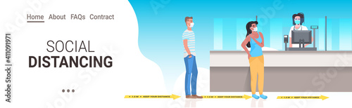 patients standing queue at pharmacy counter keeping distance to prevent coronavirus pandemic social distancing concept drugstore interior horizontal full length vector illustration