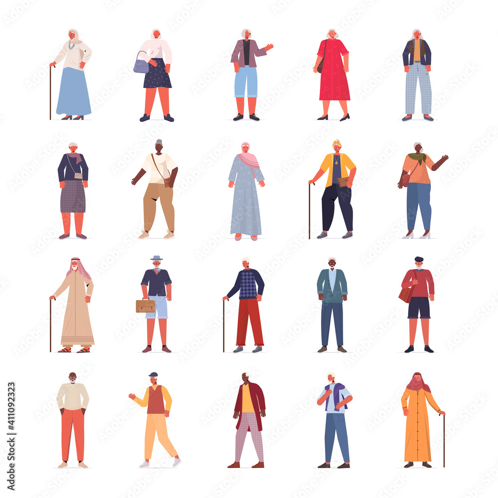 set mix race old women men in casual trendy clothes senior female male cartoon characters collection full length vector illustration set mix race old women men in casual trendy clothes senior female male cartoon characters collection full length vector illustration