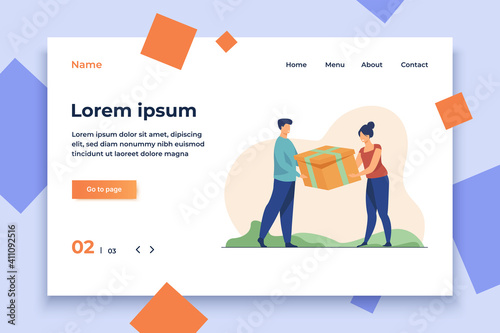 Couple holding gift. Man and woman competing for present, pulling box flat vector illustration. Conflict, competition, relationship concept for banner, website design or landing web page
